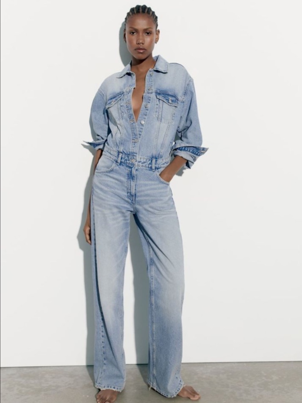 N/w/o tags Zara Light Blue Denim Button-Front Jumpsuit- medium
